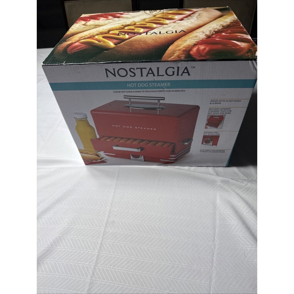 Nostalgia Hot Dog Steamer Red Cool-touch Handles Bun Warming Tray Cooking Dial